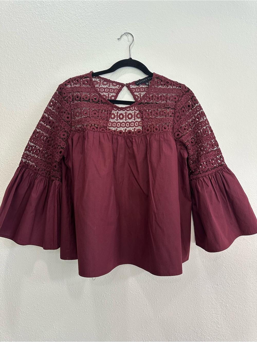 Women's Crochet Yoke Bell Sleeve Top - Burgundy Size XL Keyhole Cutout Back
